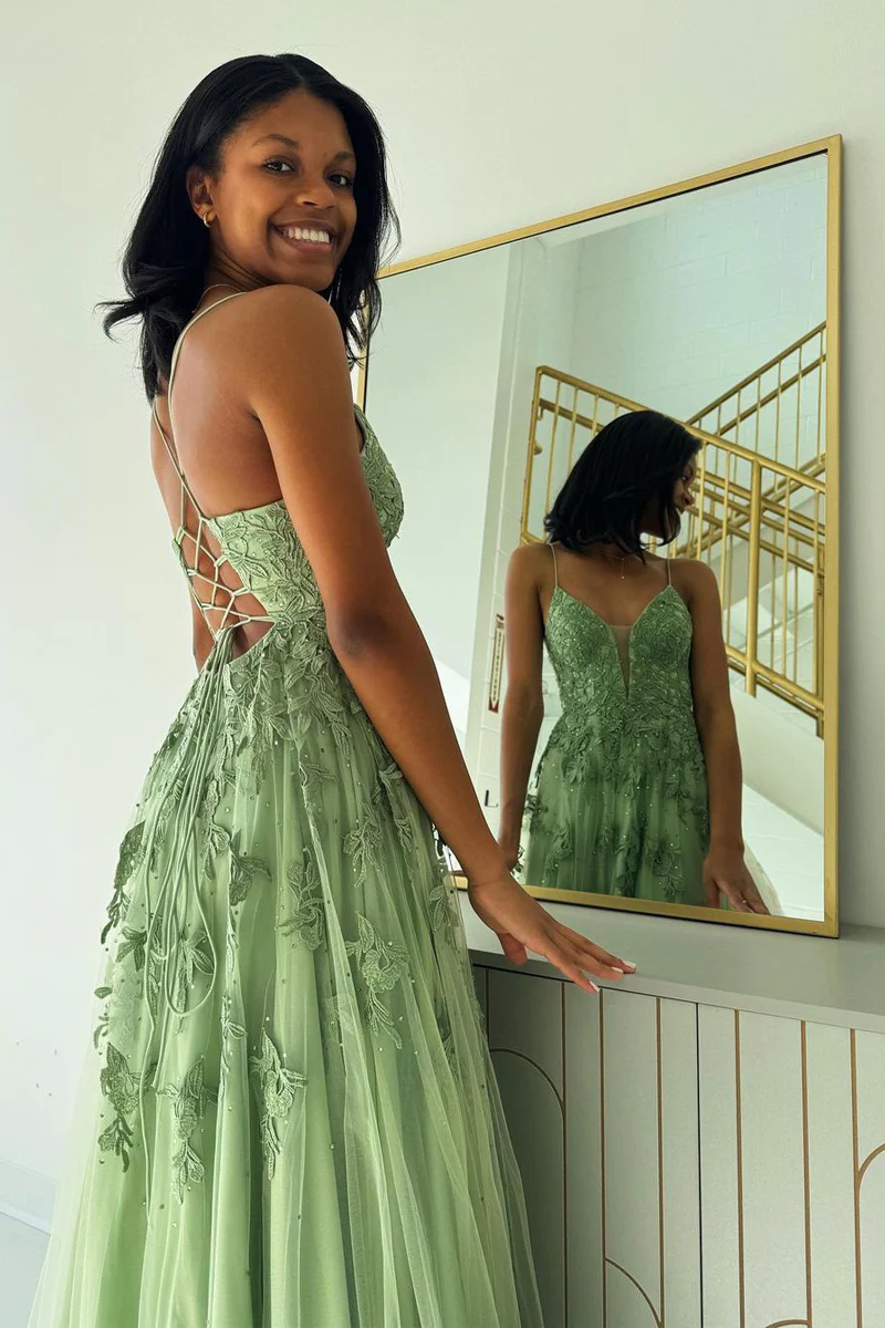 Sage Green V Neck Tulle A-Line Long Prom Dresses
