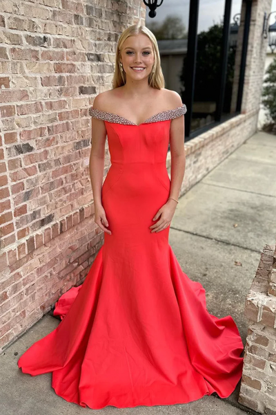 Long Red Satin Mermaid Off the Shoulder Prom Dresses,BD93087