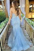 Light Blue Scoop Neck Sequin Lace Trumpet Long Prom Dresses