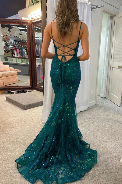 Dark Green Scoop Neck Sequins Lace Mermaid Prom Dresses,BD93231