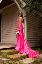 Mermaid Long Sweetheart Pink Satin Prom Dresses