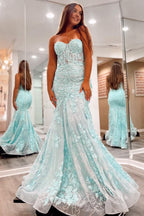 Sweetheart Mint Sparkly Lace Long Mermaid Prom Dresses