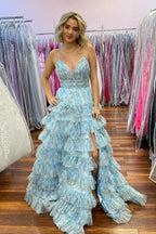 A Line V Neck Floral Printed Tulle Tiered Prom Dresses