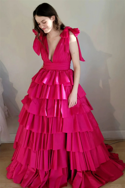 Fuchsia Bow Tie Straps Layers Plunging  Long Prom Dresses,BD93120