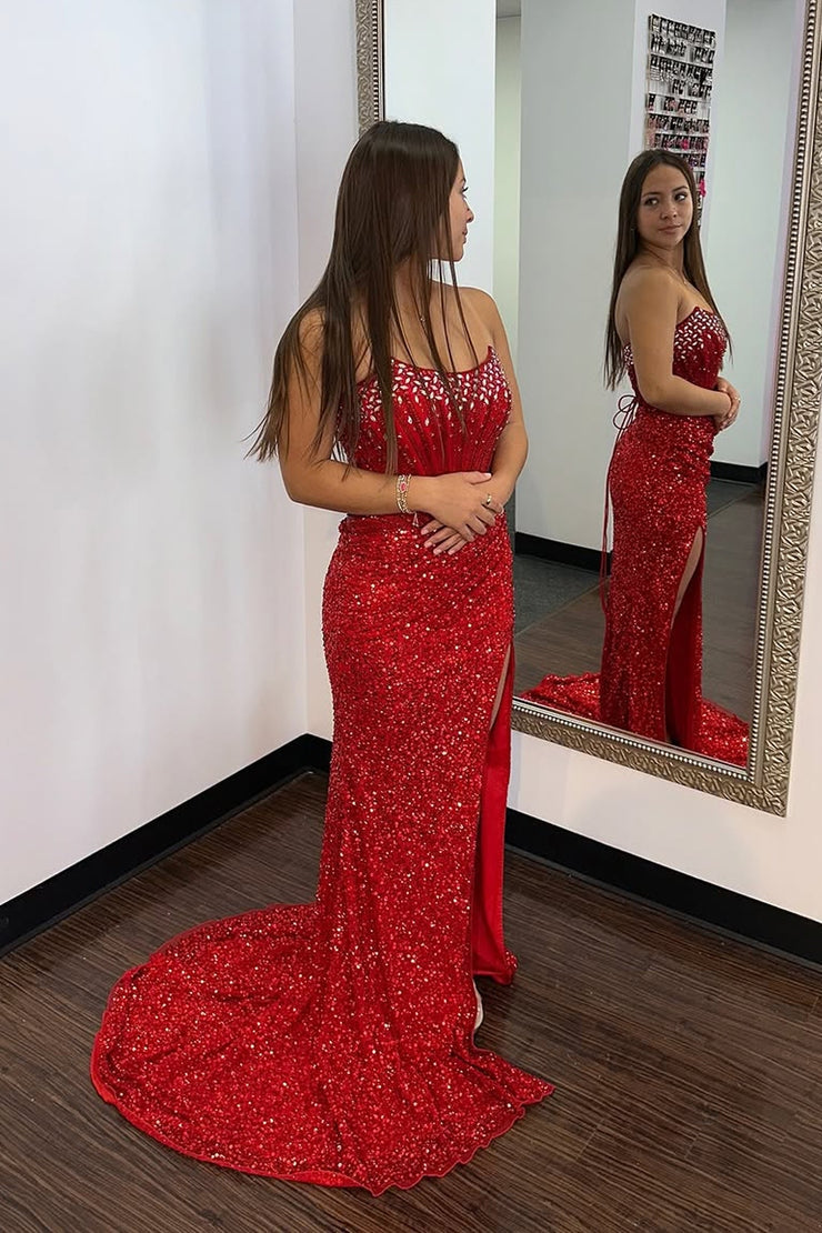 Mermaid Strapless Red Sequins Long Prom Dresses