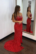Mermaid Strapless Red Sequins Long Prom Dresses