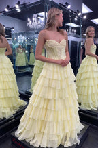 A Line Long Sweetheart Daffodil Tiered Chiffon Prom Dress