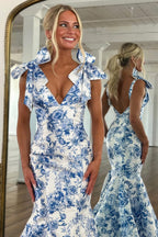 Mermaid V Neck Flower Print Satin Long Prom Dresses