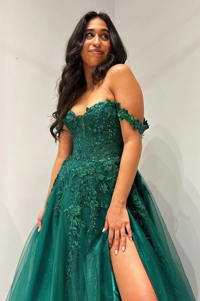 Glitter Emerald Appliques Off-the-Shoulder A-Line Long Prom Dresses,BD93228