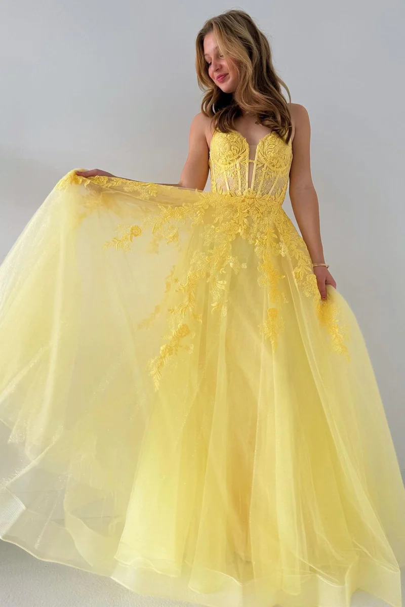 A-Line V Neck Yellow Tulle Lace Long Prom Dresses,BD93263