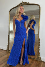 Mermaid One Shoulder Royal Blue Lace Long Prom Dresses