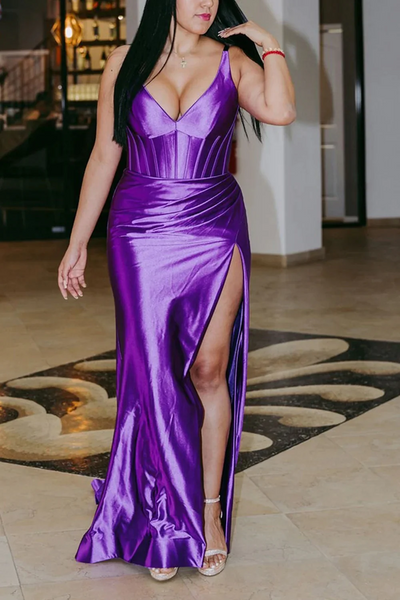 Dark Purple Corset Mermaid Long Satin Prom Dresses,BD93201