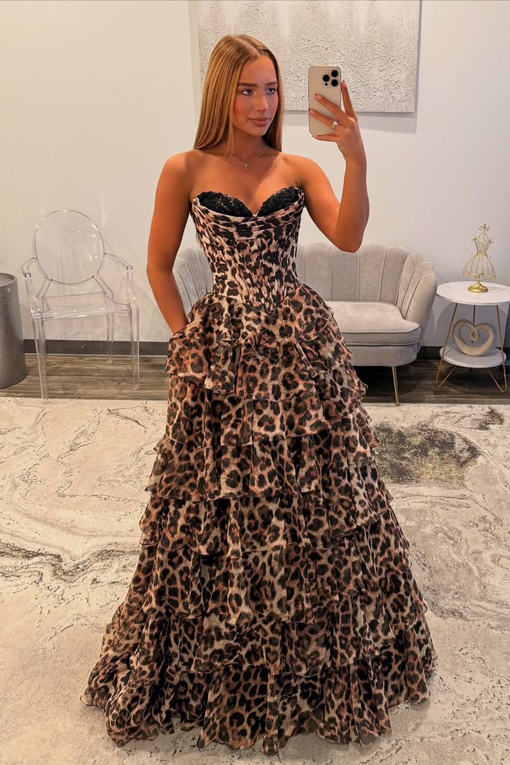 Sweetheart Ball Gown Leopard Print Tiered Prom Dresses