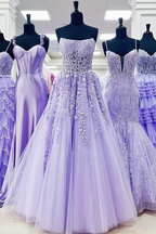 Aqua Blue Appliques Strapless A-Line Long Prom Dresses