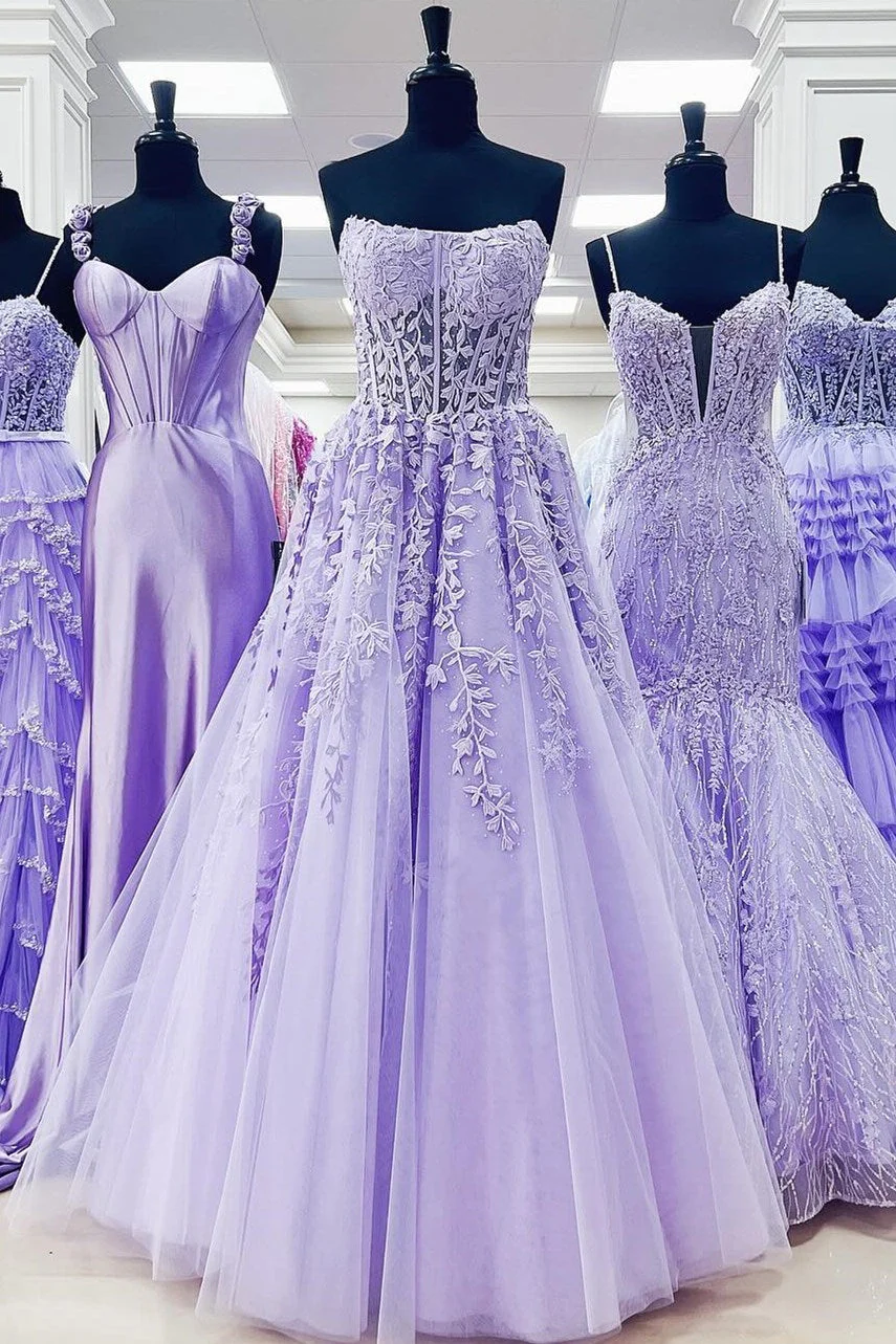 Aqua Blue Appliques Strapless A-Line Long Prom Dresses