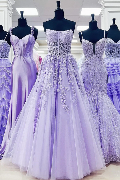 Aqua Blue Appliques Strapless A-Line Long Prom Dresses