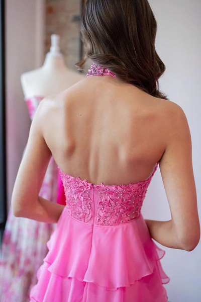 Pink Halter Tiered Chiffon Long Prom Dresses with Appliques,BD93283