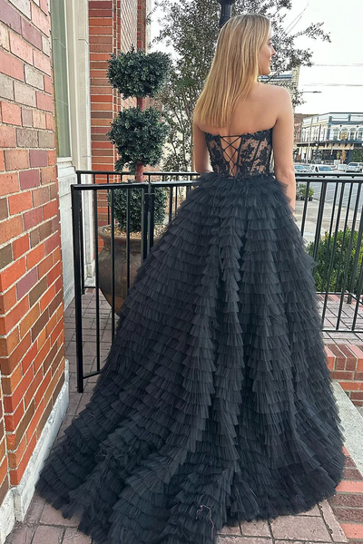 Black Sweetheart Tiered Tulle Long Prom Dresses with Appliques,BD930843
