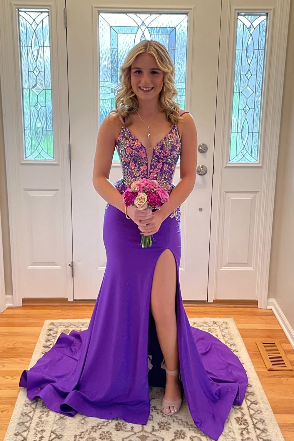 Mermaid V Neck Purple Satin Prom Dresses
