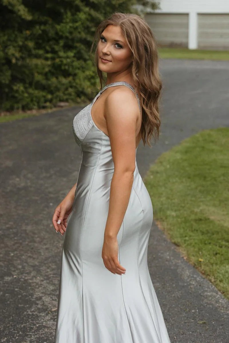Silver Halter Mermaid Satin Beaded Prom Dress With Split Silver / 2 Silver Halter Mermaid Satin Beaded Prom Dress With Split Silver / 2