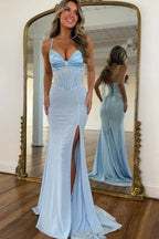 Charming Mermaid Light Blue Long  V Neck Chiffon Prom Dresses