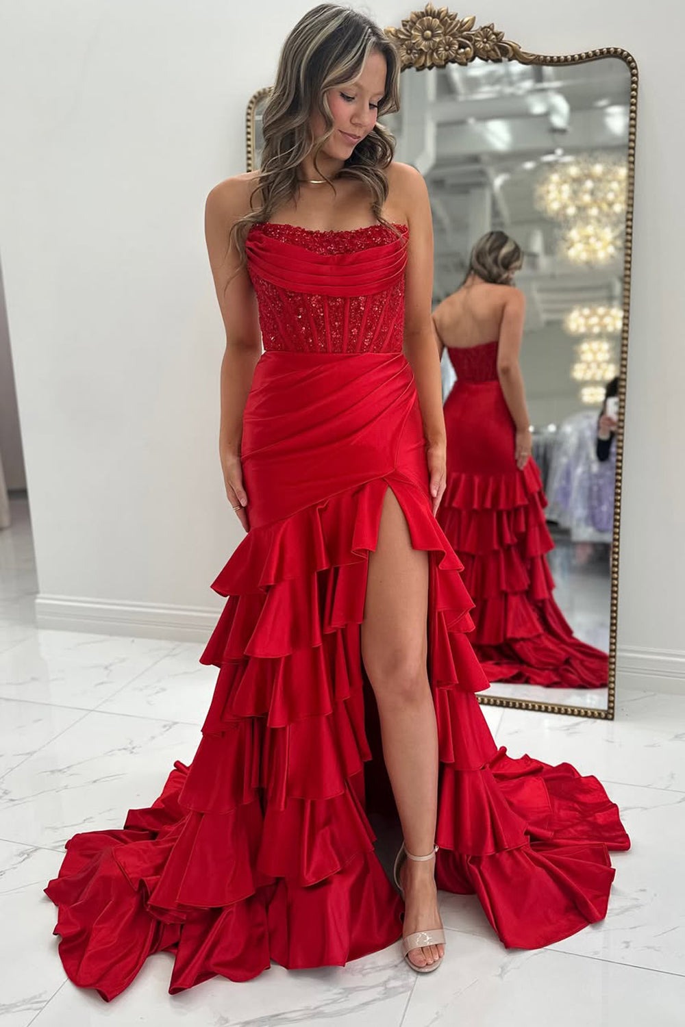 Mermaid Strapless Pleats Red Tiered Long Prom Dress