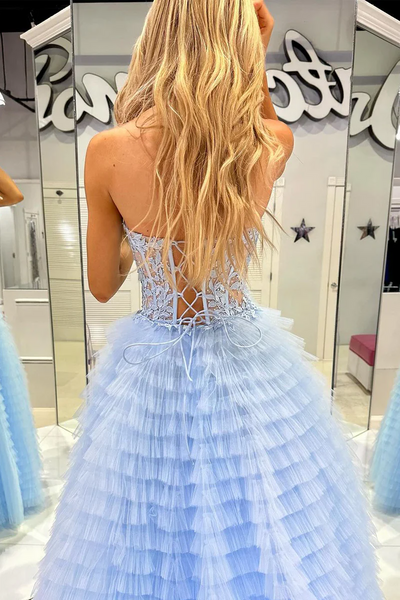 Light Blue Sweetheart Tiered Tulle Long Prom Dresses,BD93198