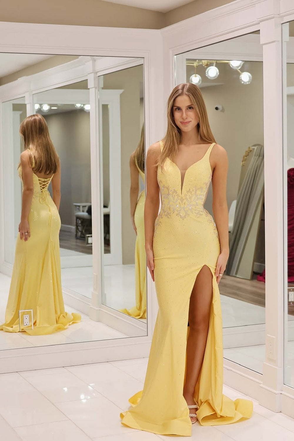 Mermaid V Neck Yellow Satin Long Prom Dresses