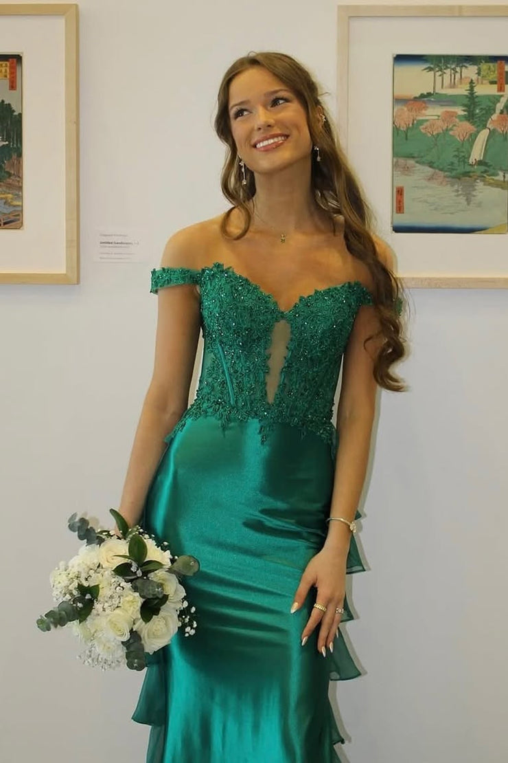 Mermaid Off the Shoulder Satin Green Long Prom Dresses