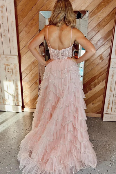 Light Pink Spaghetti Straps Long Sequined Layers Floral Prom Dresses,BD93121