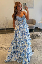 A Line V Neck Flower Print Satin Long Prom Dresses