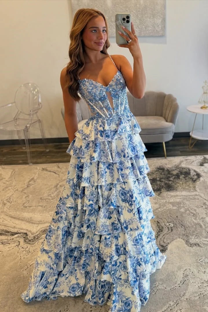 A Line V Neck Flower Print Satin Long Prom Dresses
