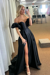 Black Sweetheart Satin A-Line Long Prom Dresses with Detachable Sleeve,BD93290
