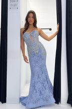 V Neck Mermaid Dusty Blue Lace Prom Dresses