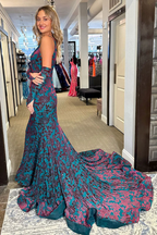 Mermaid V Neck Blue Backless Long Prom Dresses