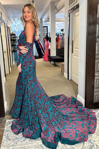 Mermaid V Neck Blue Backless Long Prom Dresses