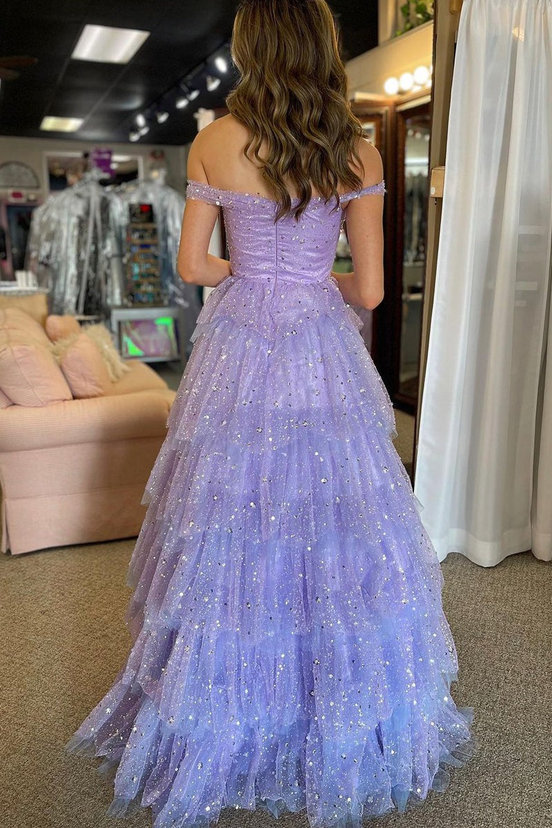 A-Line Tulle Off Shoulder Light Purple Tiered Long Prom Dresses Custom Color / US12 A-Line Tulle Off Shoulder Light Purple Tiered Long Prom Dresses Custom Color / US12