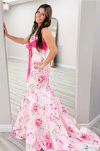 Mermaid V Neck Pink Floral Satin Long Prom Dresses