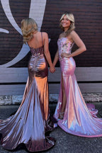 Charming Sparkly Pink Satin Long Mermaid Prom Dresses with Beading