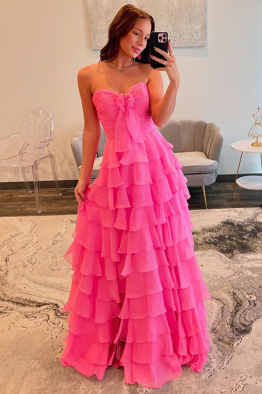 A Line Sweetheart Chiffon Tiered Slit Pink Prom Dresses