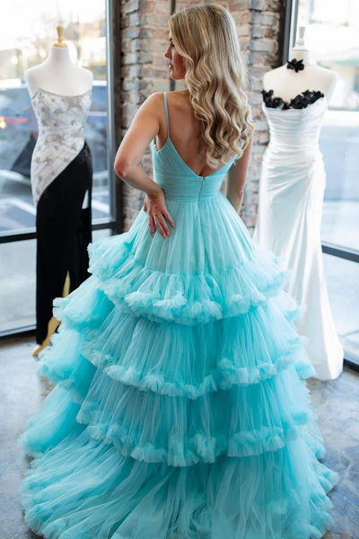 Charming A-Line V Neck Ruffle Tiered Tulle Long Prom Dresses,BD93321