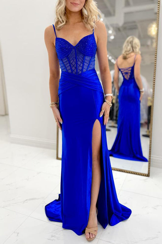 Robe de soirée longue sirène à fines bretelles, corsage perlé