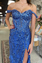 Off the Shoulder Blue Mermaid Sequins Lace Slit Prom Dresses