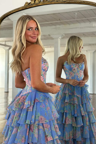 A Line Pink Floral Printed Strapless Corset Ruffle Tiered Long Chiffon Prom Dresses