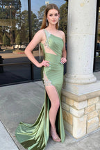 One-Shoulder Sage Beaded Mermaid Satin Prom Dresses