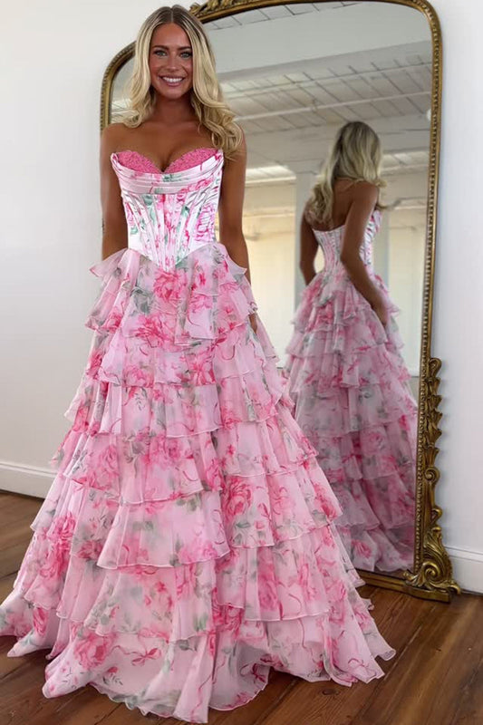 Robes de bal longues en mousseline rose fleuri avec bustier en cœur