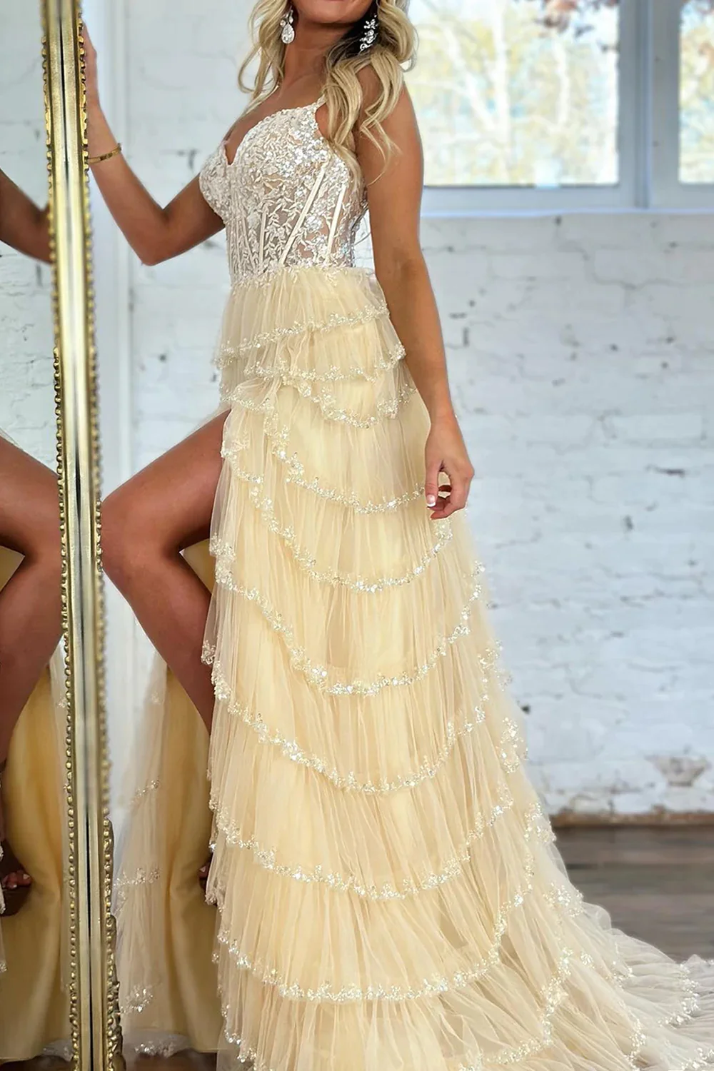 Long Glitter Beige Corset Tiered Tulle Prom Dresses Pic Color / US16 Long Glitter Beige Corset Tiered Tulle Prom Dresses Pic Color / US16