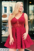 Short A-line V-neck Tulle Lace Burgundy Homecoming Dresses
