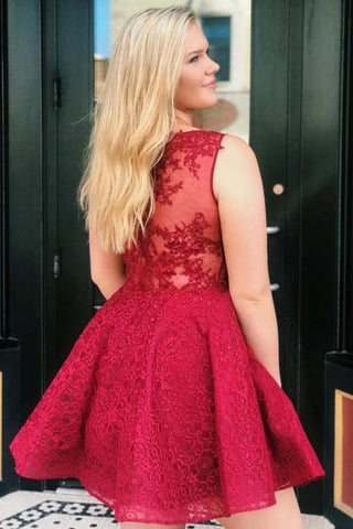 Short A-line V-neck Tulle Lace Burgundy Homecoming Dresses