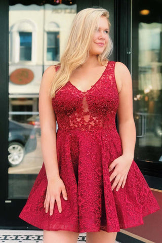 Short A-line V-neck Tulle Lace Burgundy Homecoming Dresses